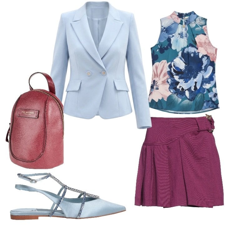 Outfit donna - Azzurro in stile. Stile Bon Ton per Tutti i giorni. Abbinamento con zaini, minigonne, ballerine, blazer, top.