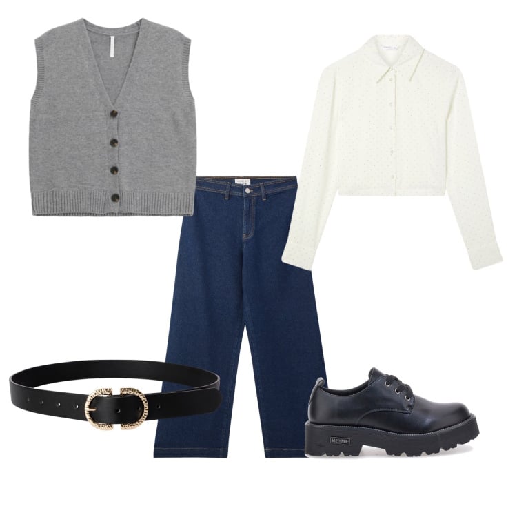 Outfit donna - Ufficio casual gilet. Stile Casual chic per Ufficio. Abbinamento con jeans, cinture, camicie, gilet, francesine.