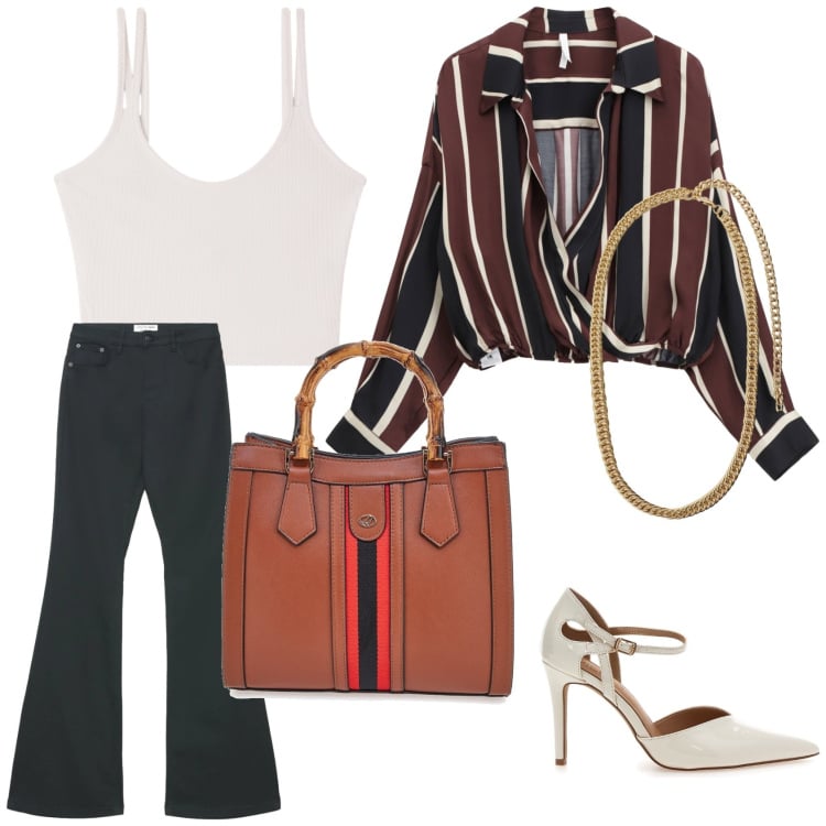 Outfit donna - Un look da ufficio in primavera. Stile Casual chic per Tutti i giorni. Abbinamento con canottiere, jeans a zampa, camicie, collane, borse a tracolla, décolleté.