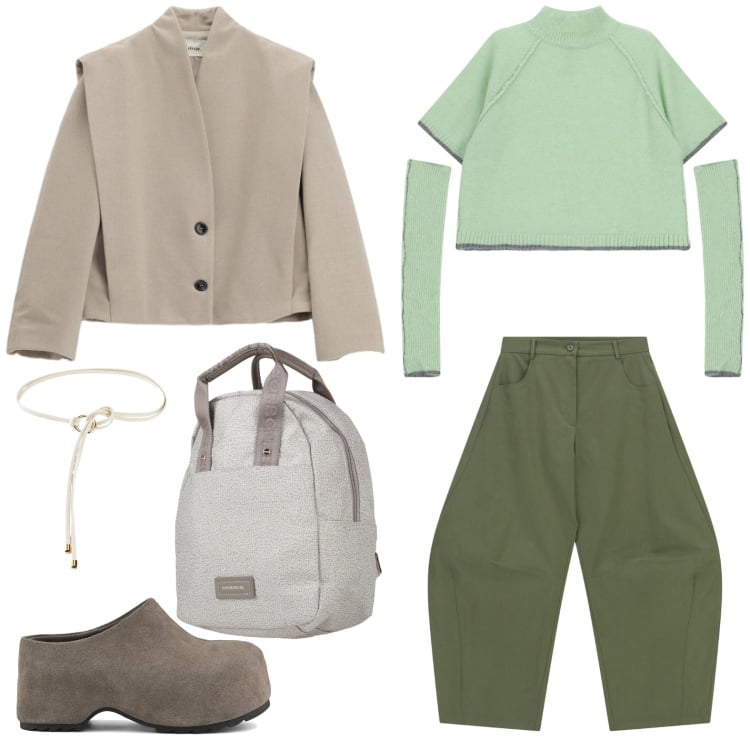 Outfit donna - Total look #2364718. Stile Urban per Scuola/Università. Abbinamento con zaini, cinture, pantaloni a palazzo, blazer, maglieria, zoccoli.