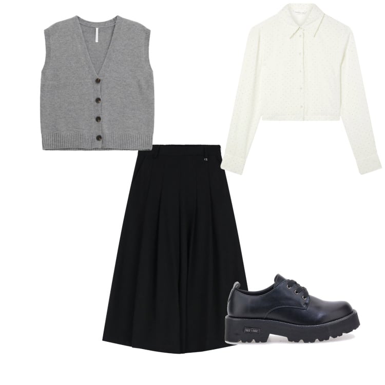 Outfit donna - Lavoro chic toni freddi. Stile Casual chic per Ufficio. Abbinamento con camicie, gilet, pantaloni a palazzo, francesine.