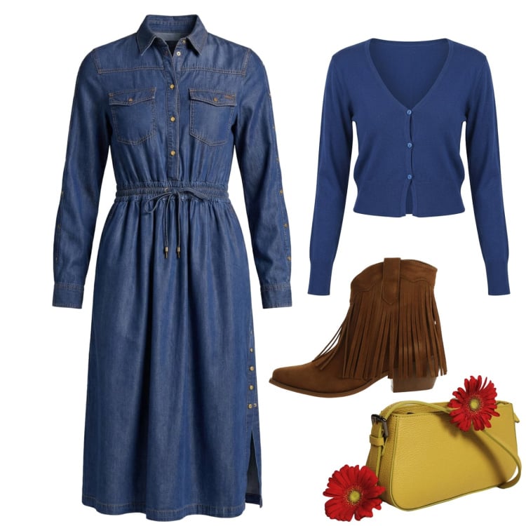 Outfit donna - Total look #2364720. Stile Chic per Tutti i giorni. Abbinamento con vestiti chemisier, cardigans, stivaletti texani, borse a spalla.