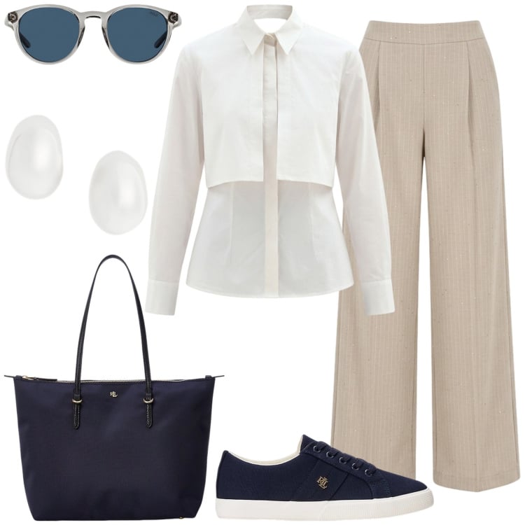 Outfit donna - Elegante per l\'ufficio. Stile Casual chic per Ufficio. Abbinamento con pantaloni a palazzo, camicie, borse tote, occhiali da sole, orecchini, sneakers.