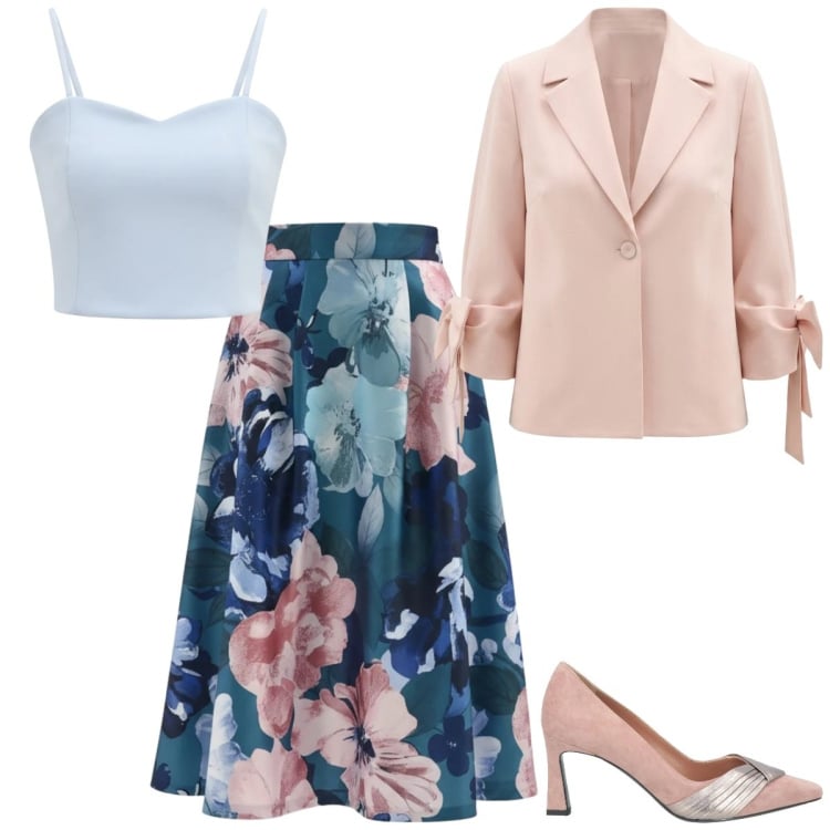 Outfit donna - Total look #2364726. Stile Romantica per Cerimonia. Abbinamento con décolleté, gonne longuette, blazer, top.