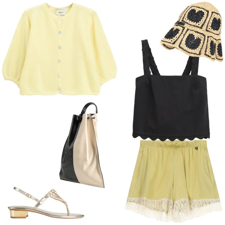 Outfit donna - Icecream in Rome. Stile Casual chic Abbinamento con infradito, zaini, cappelli, cardigans, shorts, top.