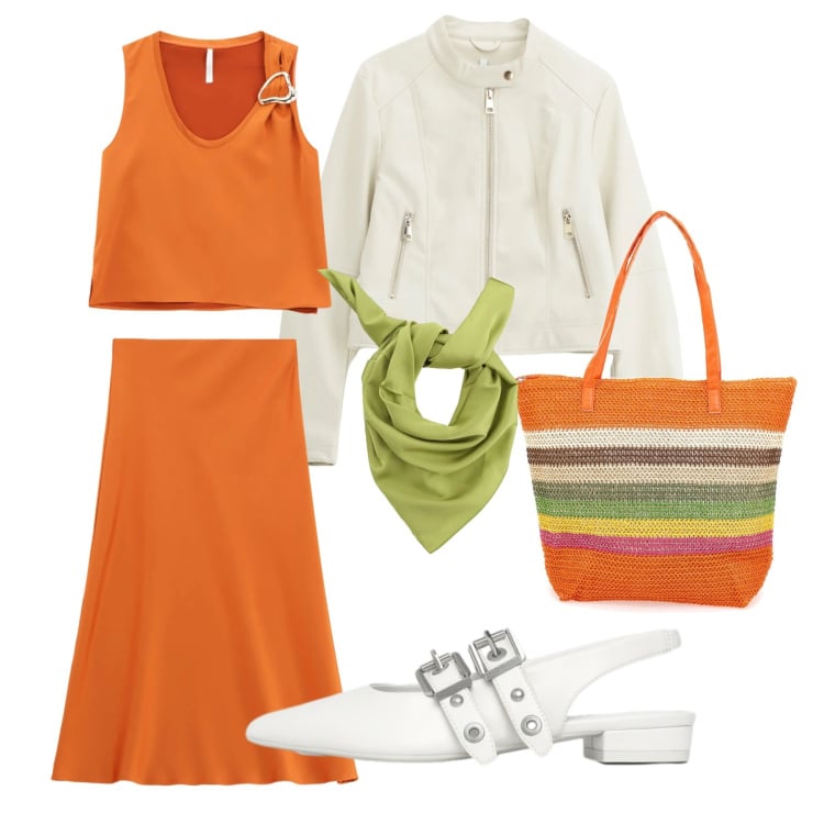 Outfit donna - Estate in arancione. Stile Casual chic per Tutti i giorni. Abbinamento con ballerine, foulard, giacche, gonne longuette, top, shopping bag.