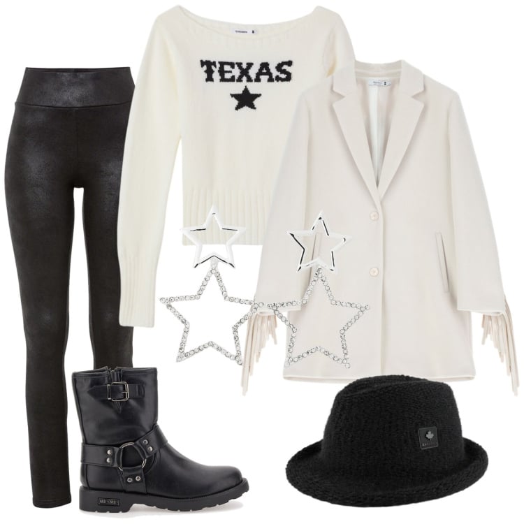 Outfit donna - Texana. Stile Etnico per Tutti i giorni. Abbinamento con leggings, orecchini, maglieria, cappotti, cappelli, stivaletti.