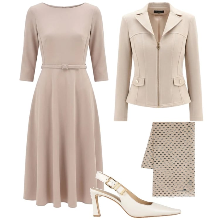 Outfit donna - Total look #2364740. Stile Vintage retrò per Cerimonia. Abbinamento con décolleté, sciarpe, blazer, vestiti midi/longuette.