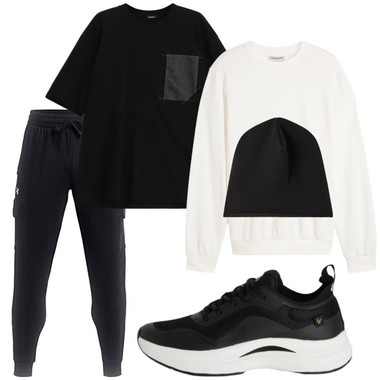 Outfit uomo - Total look #2364741. Stile Casual per Tutti i giorni. Abbinamento con felpe, t-shirt, sneakers, berretti, pantaloni.