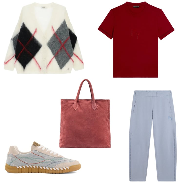 Outfit donna - Total look #2364742. Stile Basic per Tutti i giorni. Abbinamento con cardigans, t-shirt, pantaloni, borse a mano, sneakers.