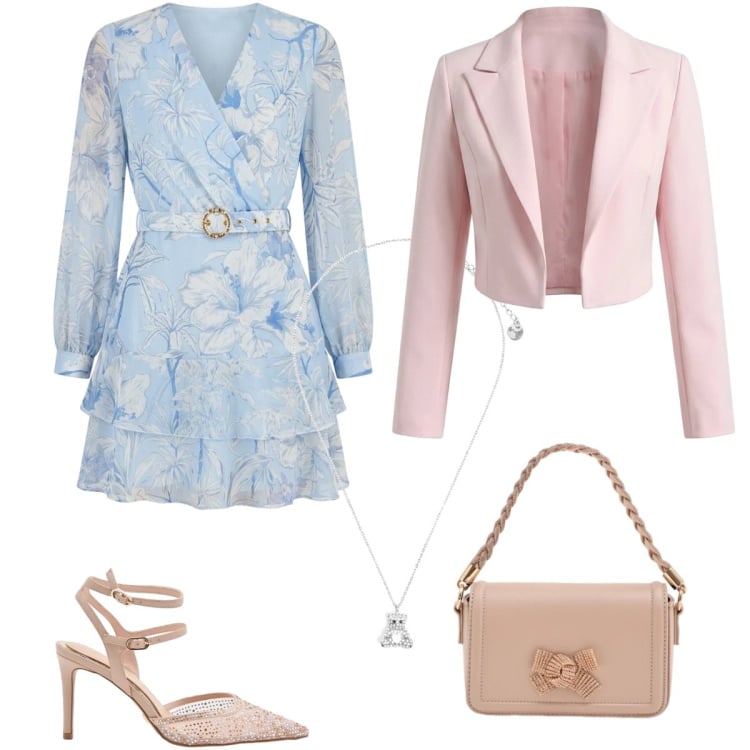 Outfit donna - Total look #2364744. Stile Romantica per Cerimonia. Abbinamento con vestiti corti, bolero, pochette, décolleté, ciondoli.