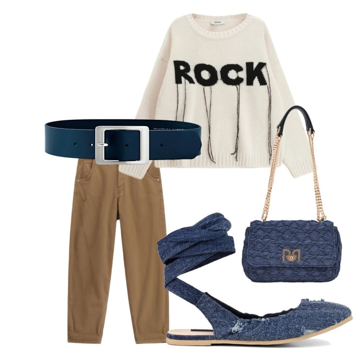 Outfit donna - Domani e’ primavera. Stile Rock per Tutti i giorni. Abbinamento con cinture, borse a spalla, maglieria, pantaloni, ballerine.