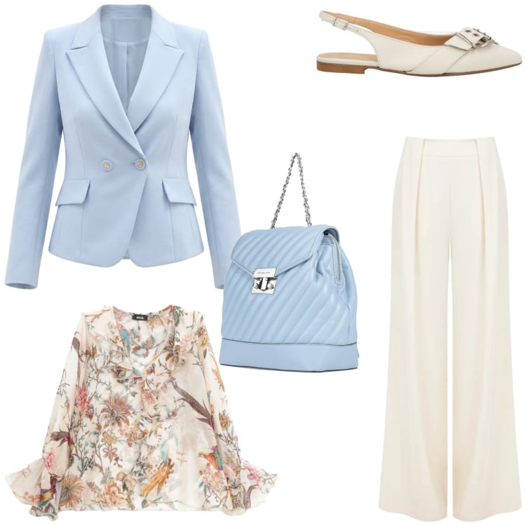 Outfit donna - Primavera in città. Stile Romantica per Tutti i giorni. Abbinamento con zaini, ballerine, blazer, pantaloni a palazzo, bluse.