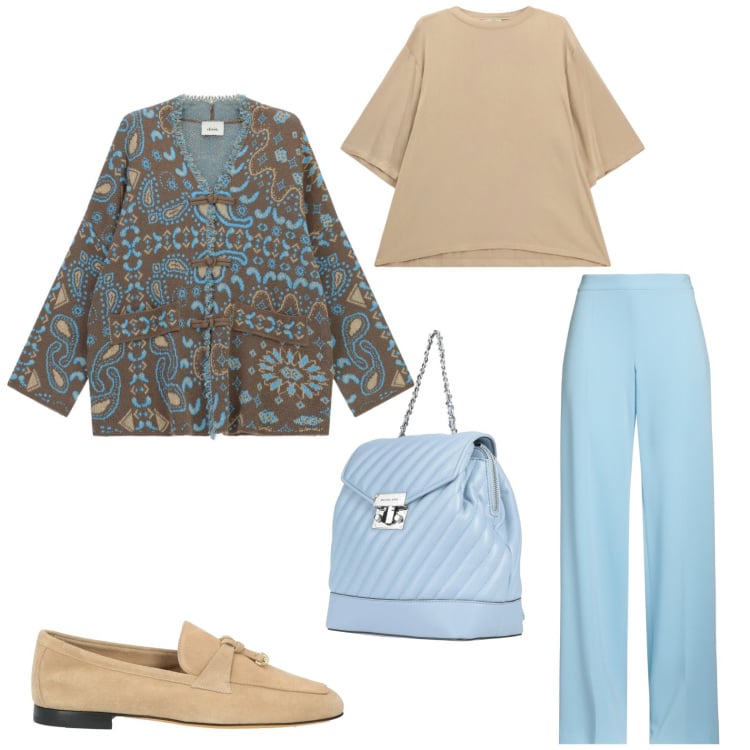 Outfit donna - Total look #2364754. Stile Trendy per Ufficio. Abbinamento con pantaloni, mocassini, zaini, t-shirt, cardigans.