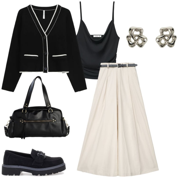 Outfit donna - Comoda ed elegante tutti i giorni. Stile Casual per Tutti i giorni. Abbinamento con borse a mano, cardigans, orecchini, pantaloni, mocassini, canottiere.