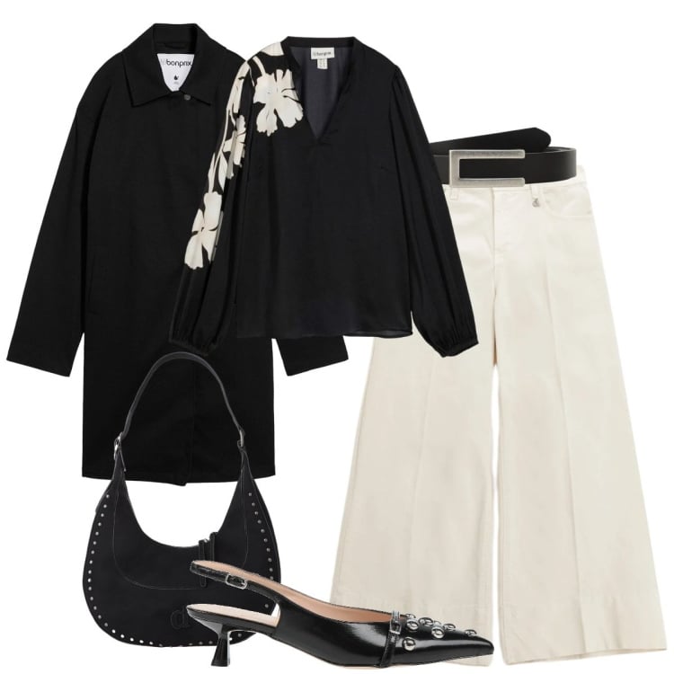 Outfit donna - Pantaloni ampi e blusa. Stile Casual chic per Ufficio. Abbinamento con décolleté, tuniche, trench, pantaloni a palazzo, cappotti, cinture.