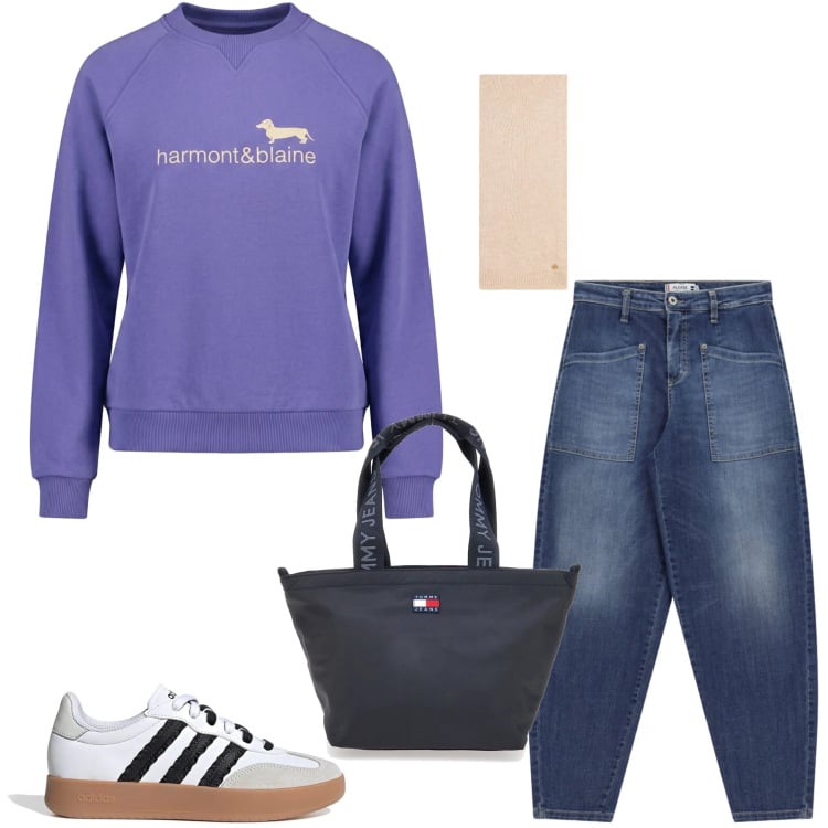 Outfit donna - Purple Twist. Stile Casual chic per Tutti i giorni. Abbinamento con felpe, jeans, sciarpe, sneakers, borse tote.