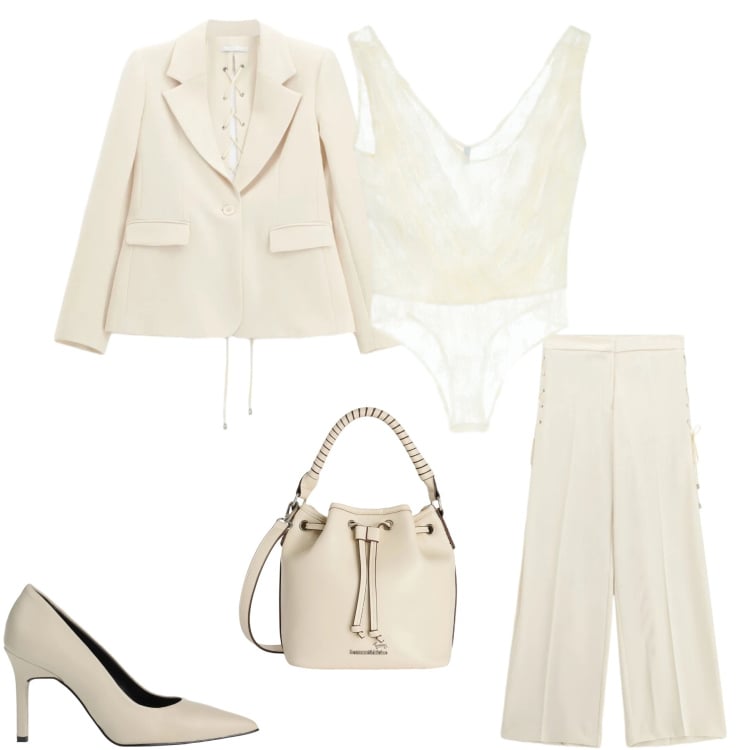 Outfit donna - L\'Eleganza del Total White. Stile Glamour per Serata fuori. Abbinamento con décolleté, borse a secchiello, top, pantaloni, blazer.