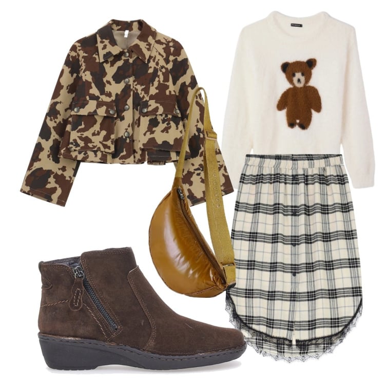 Outfit donna - Borsa iconica. Stile Casual chic per Scuola/Università. Abbinamento con pullovers, cappotti, borse a tracolla, gonne, stivaletti.