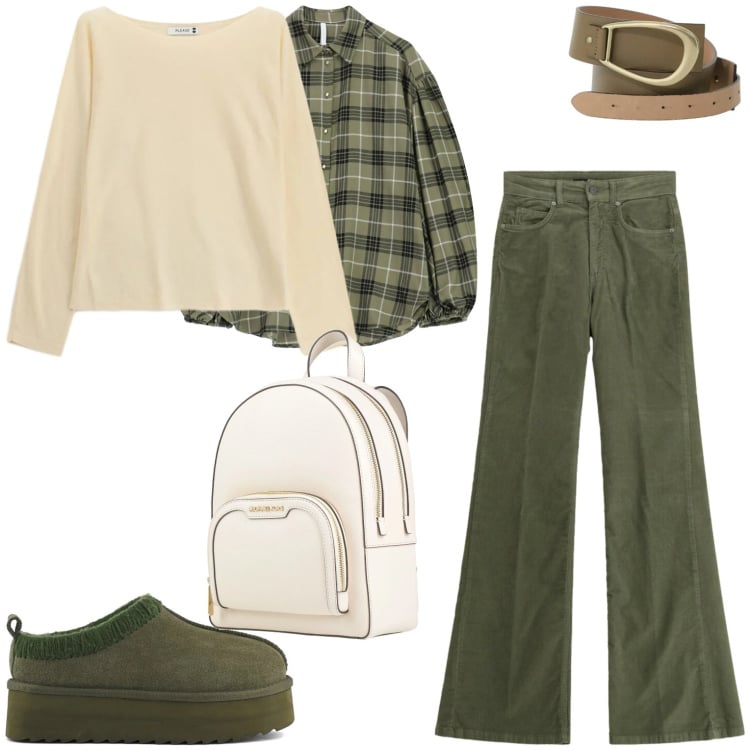 Outfit donna - Verde muschio. Stile Casual per Tutti i giorni. Abbinamento con zaini, maglieria, camicie, cinture, jeans, sabot.