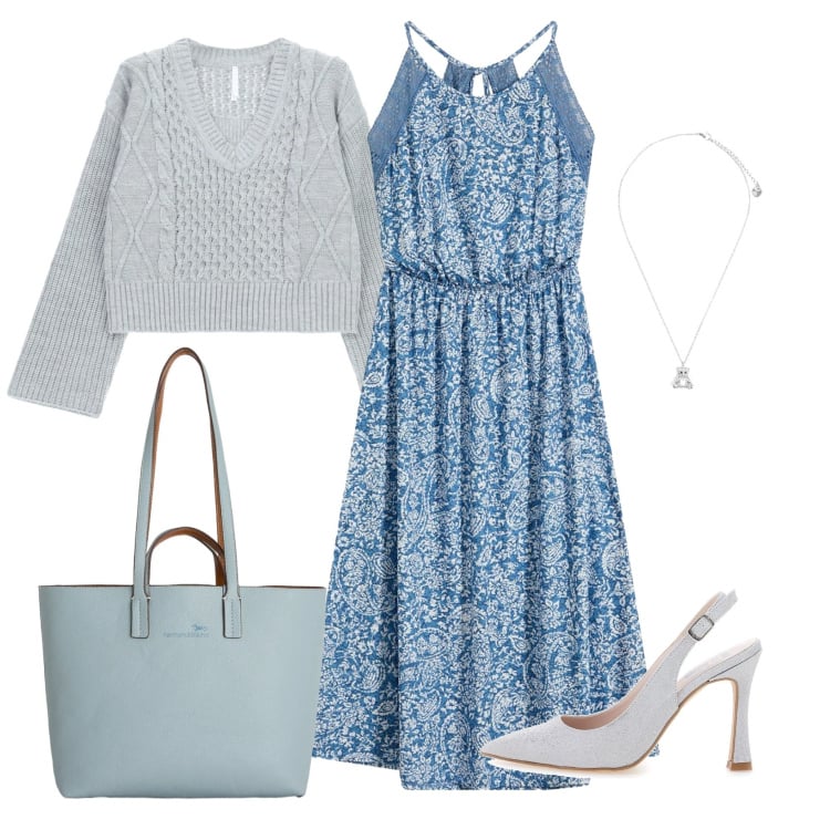 Outfit donna - Total look #2364770. Stile Casual chic per Ufficio. Abbinamento con vestiti, shopping bag, maglieria, ciondoli, décolleté.