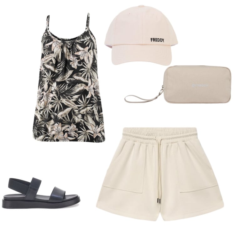 Outfit donna - Tropical Freedom. Stile Sporty chic per Tutti i giorni. Abbinamento con top, bermuda, valigie, cappelli con visiera, sandali in pelle.