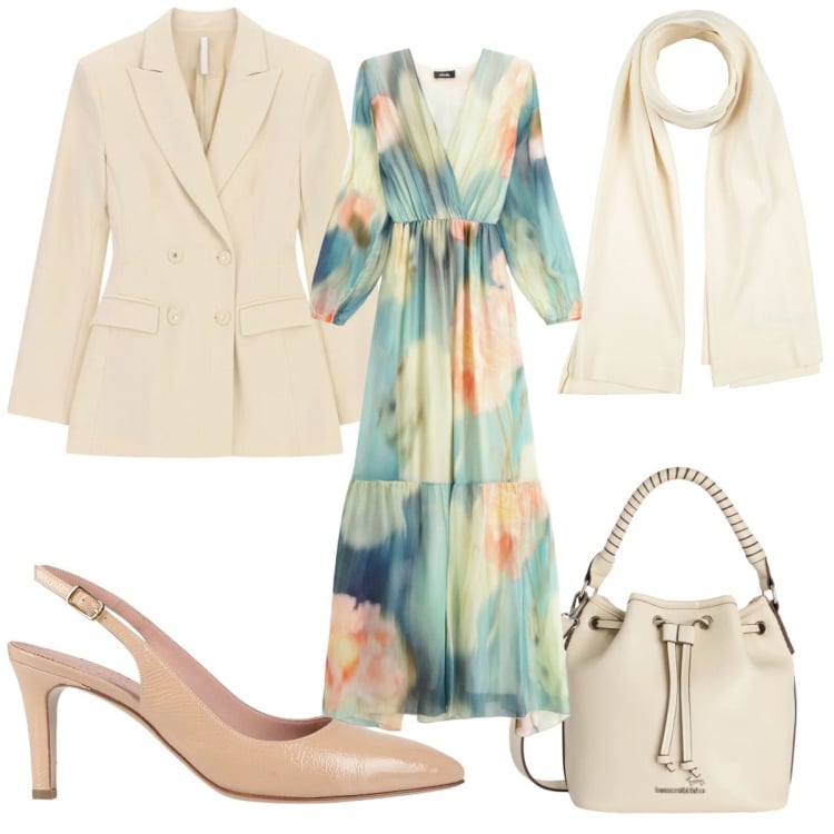 Outfit donna - Abiti che si muovono con te: cerimonia. Stile Chic per Cerimonia. Abbinamento con sciarpe, décolleté, borse a secchiello, blazer, vestiti lunghi.