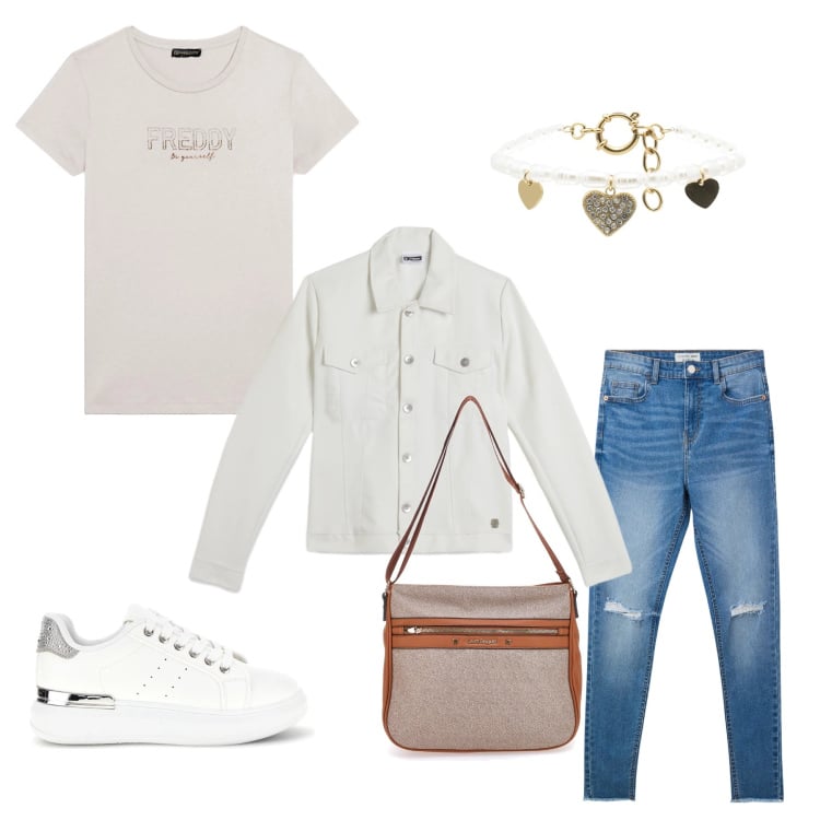Outfit donna - Sparkling Denim. Stile Casual chic per Tutti i giorni. Abbinamento con jeans strappati, braccialetti, giacche, t-shirt, borse a tracolla, sneakers.