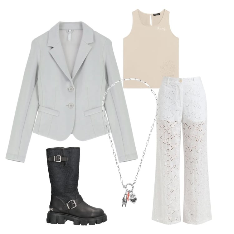 Outfit donna - Blazer Imperial. Stile Preppy per Scuola/Università. Abbinamento con stivali, ciondoli, top, pantaloni, blazer.
