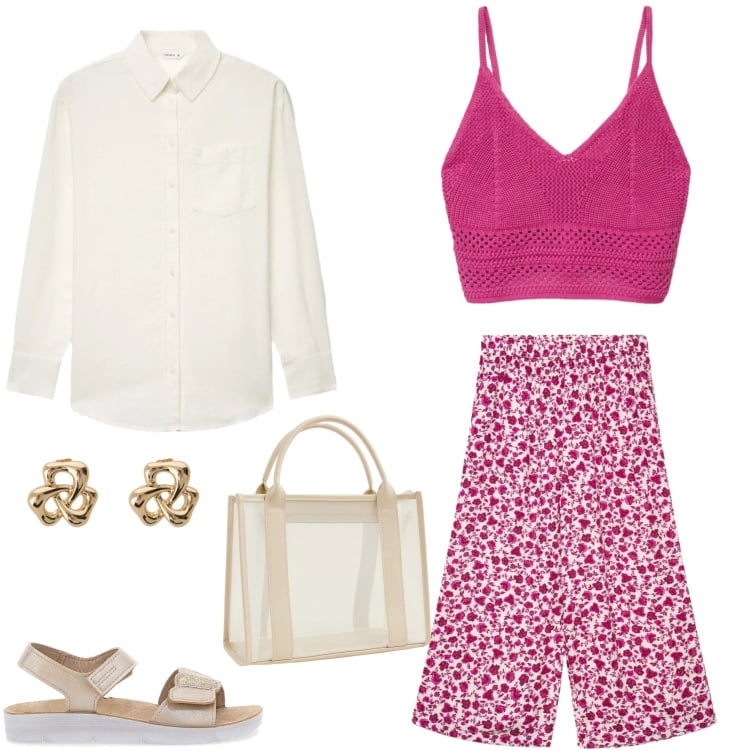 Outfit donna - Red Velvet & Stripes. Stile Casual chic per Tutti i giorni. Abbinamento con borse tote, top, pantaloni a palazzo, camicie, orecchini, sandali.