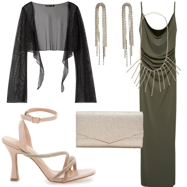 Outfit donna - Per una cerimonia di sera. Stile Glamour per Cerimonia. Abbinamento con orecchini, collane, blazer, vestiti lunghi, clutch, sandali col tacco.