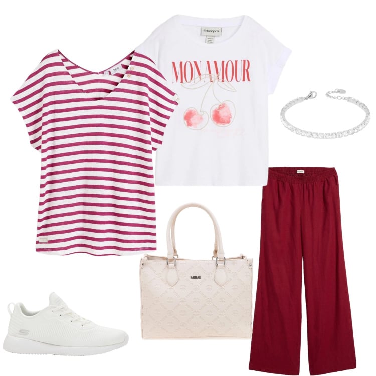 Outfit donna - Il Fascino del Bordeaux e del. Stile Casual chic per Tutti i giorni. Abbinamento con maglieria, t-shirt, sneakers, pantaloni a palazzo, braccialetti, borse a tracolla.