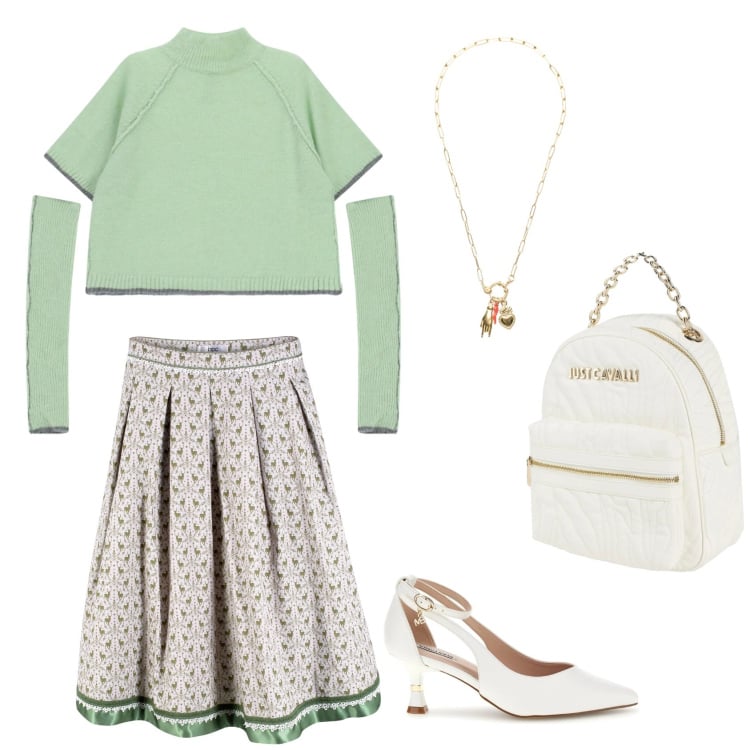 Outfit donna - Total look #2364787. Stile Casual chic per Ufficio. Abbinamento con zaini, gonne longuette, maglieria, ciondoli, décolleté.