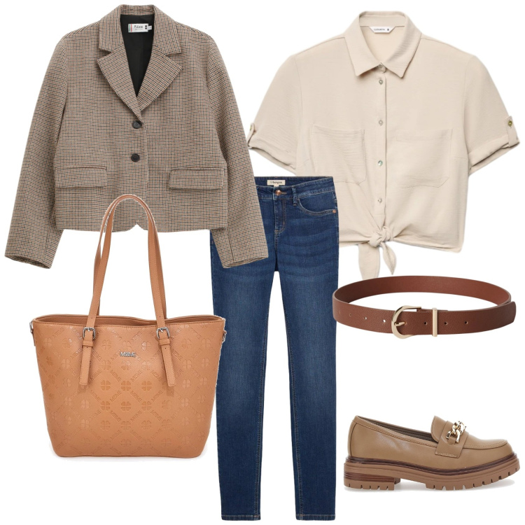 Outfit donna - Un outfit per l\'università. Stile Casual per Scuola/Università. Abbinamento con jeans skinny, cinture, camicie a manica corta, blazer, mocassini, borse a tracolla.