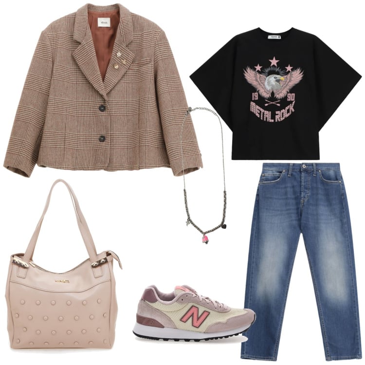 Outfit donna - Università time. Stile Casual chic per Scuola/Università. Abbinamento con ciondoli, jeans dritti, t-shirt, blazer, shopping bag, sneakers.