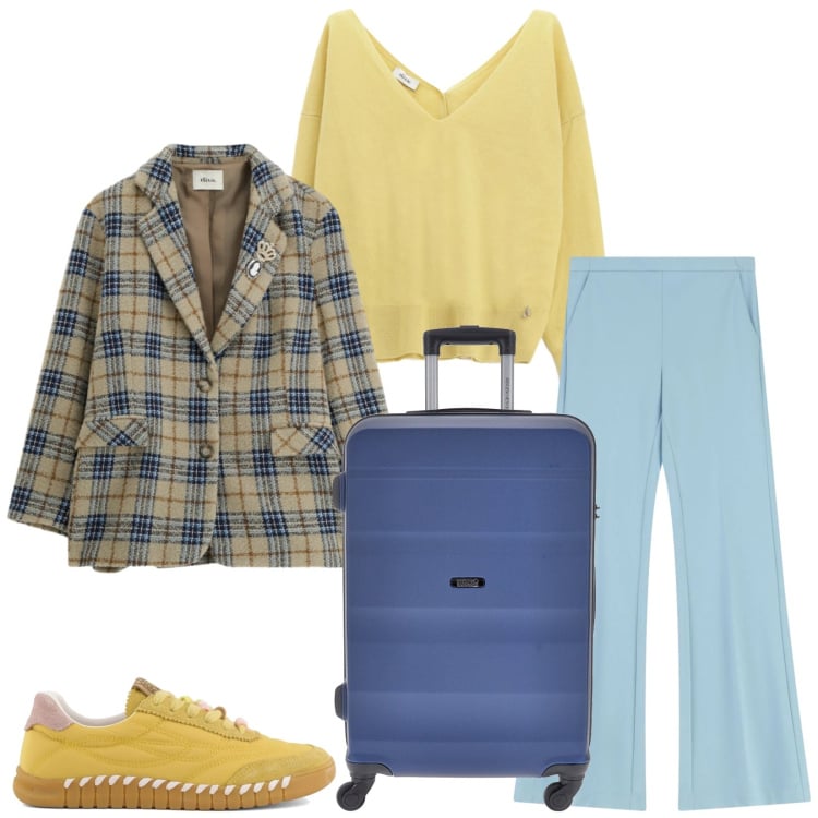 Outfit donna - Total look #2364793. Stile Casual chic per Tutti i giorni. Abbinamento con pantaloni, blazer, maglieria, valigie, sneakers.