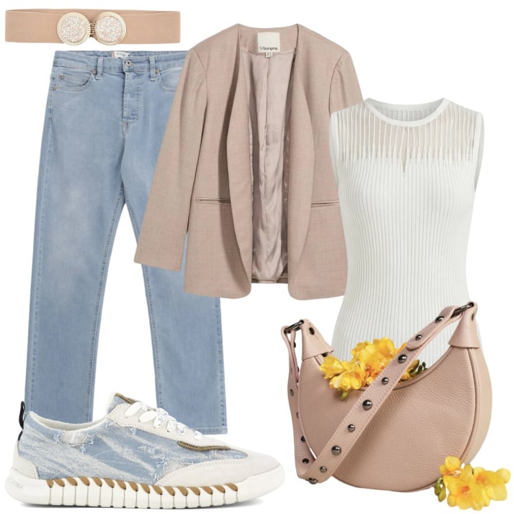 Outfit donna - Fiori di primavera. Stile Casual per Tutti i giorni. Abbinamento con blazer, jeans, borse a spalla, cinture, canottiere, sneakers.