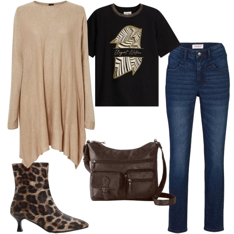 Outfit donna - Total look #2364805. Stile Casual chic per Tutti i giorni. Abbinamento con maglieria, jeans skinny, stivaletti, t-shirt, borse a tracolla.