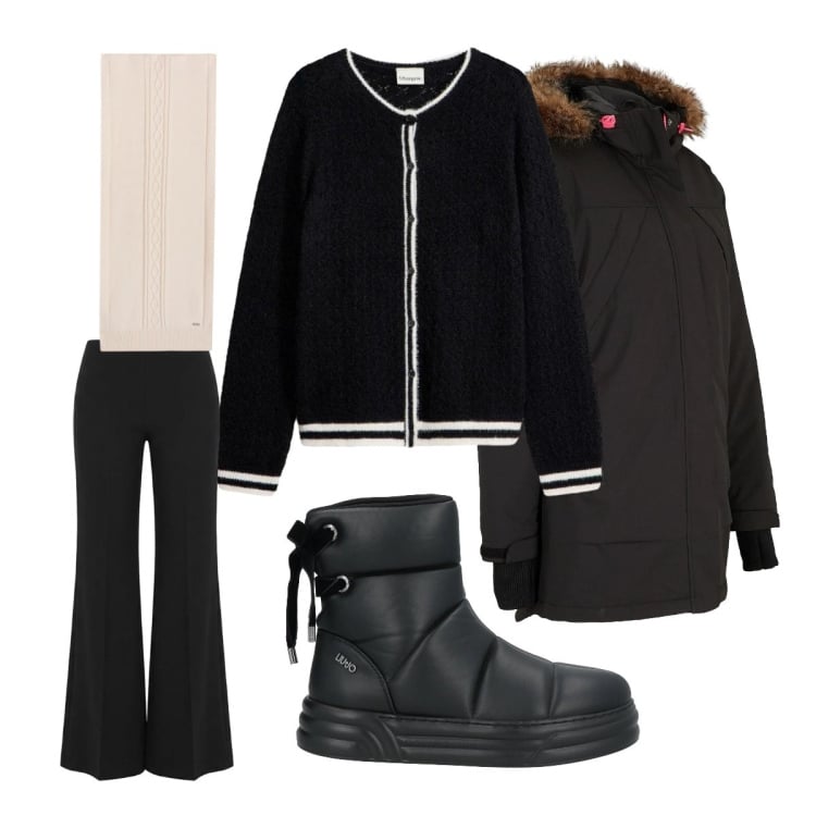 Outfit donna - Pranzo invernale. Stile Casual chic per Tutti i giorni. Abbinamento con stivaletti, cardigans, parka, pantaloni a palazzo, sciarpe.