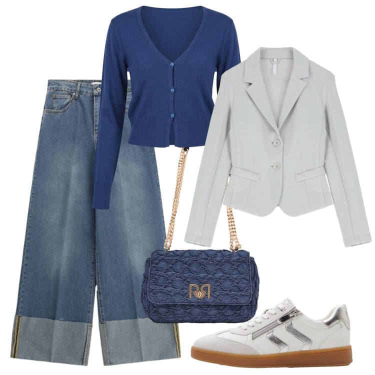 Outfit donna - Blazer, jeans e sneakers. Stile Trendy per Tutti i giorni. Abbinamento con sneakers, blazer, jeans, borse a spalla, cardigans.