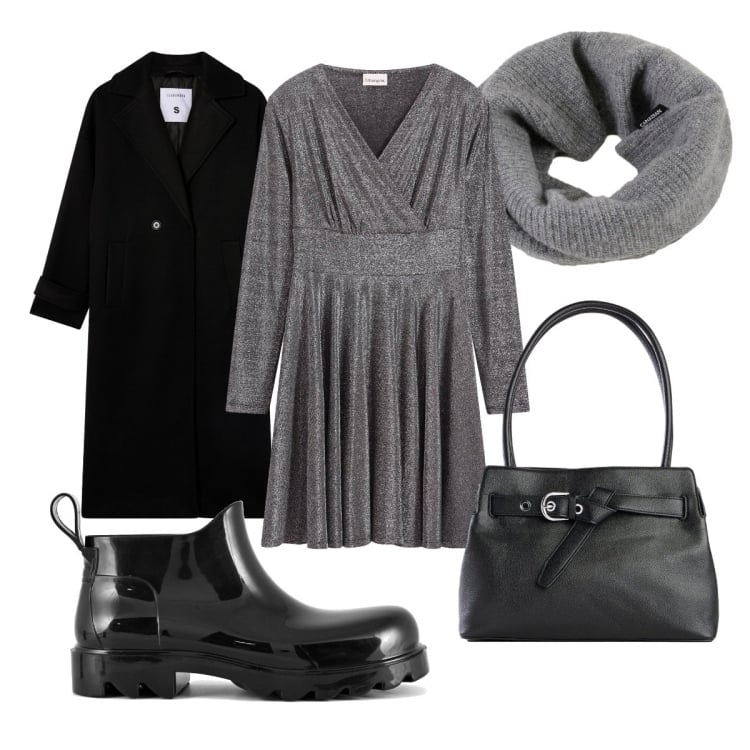 Outfit donna - Discoteca in inverno. Stile Chic per Serata fuori. Abbinamento con vestiti, borse a mano, cappotti, scaldacollo, stivali.