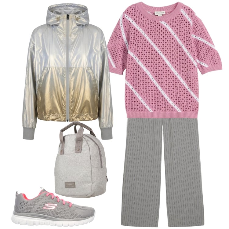 Outfit donna - Dinamica e sportiva. Stile Casual per Tutti i giorni. Abbinamento con zaini, pantaloni, t-shirt, giacche sportive, sneakers.