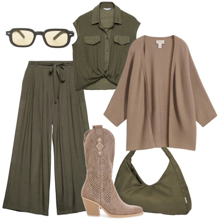Outfit donna - Primavera in libertà. Stile Casual per Tutti i giorni. Abbinamento con cardigans, pantaloni, camicie a manica corta, borse a spalla, occhiali da sole, stivaletti texani.