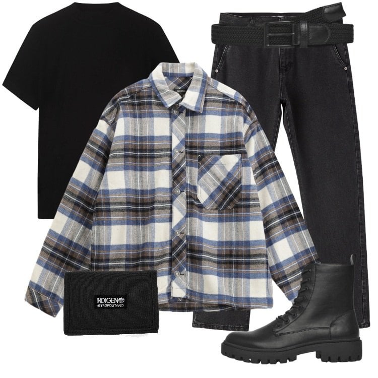 Outfit uomo - Total look #2364815. Stile Urban per Tutti i giorni. Abbinamento con cinture, anfibi, jeans dritti, camicie, t-shirt, portafogli.