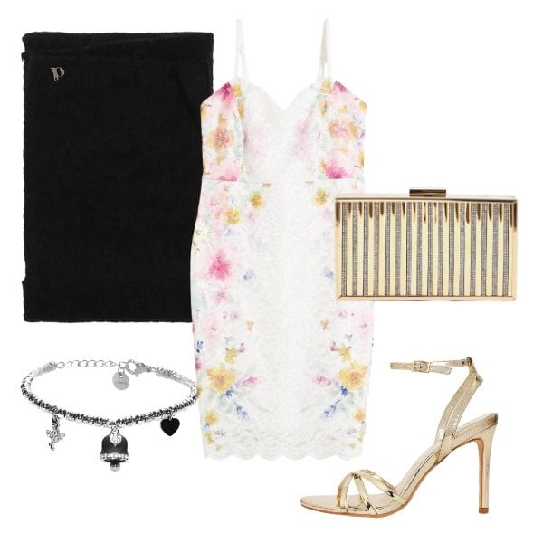 Outfit donna - Moderna e femminile. Stile Chic per Cerimonia. Abbinamento con vestiti, sandali col tacco, clutch, cappotti, braccialetti.