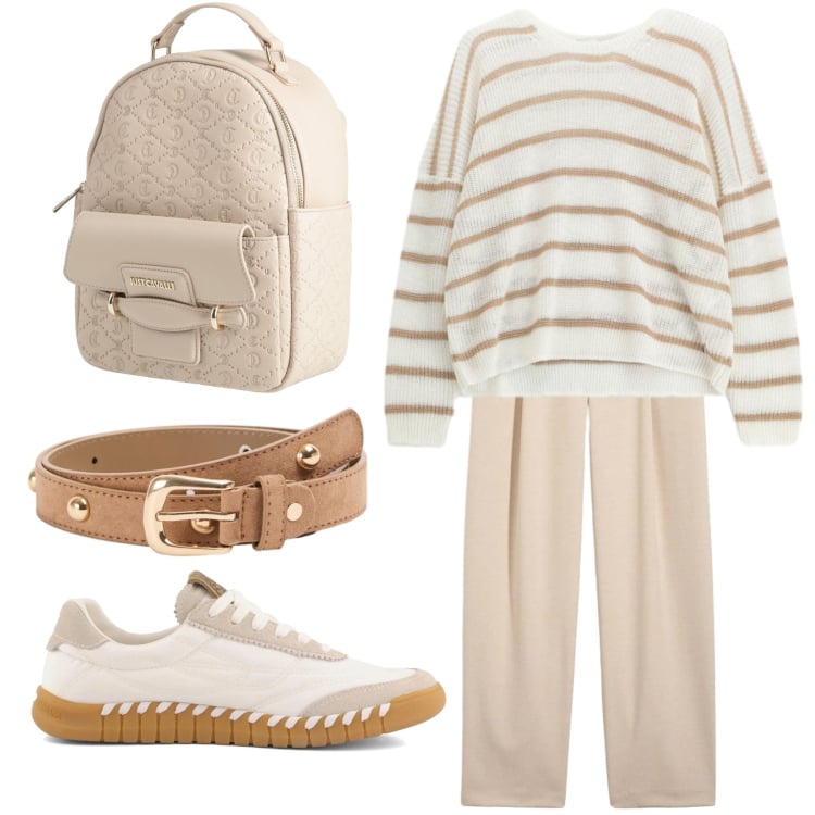 Outfit donna - Maglione primavera. Stile Casual chic per Tutti i giorni. Abbinamento con zaini, pantaloni, cinture, maglieria, sneakers.