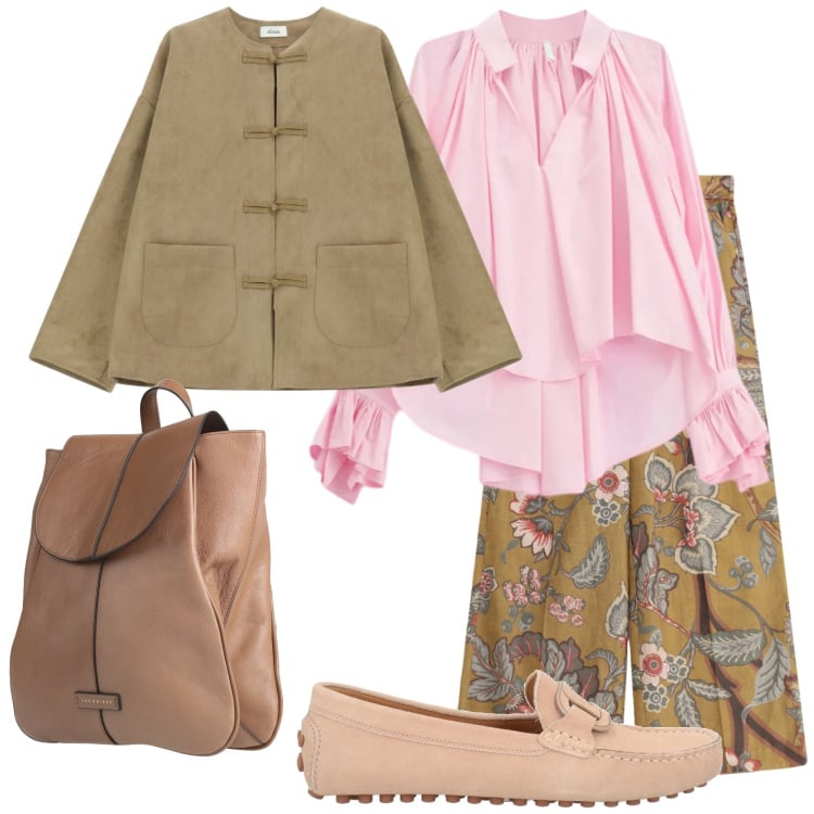 Outfit donna - Fiori e blazer. Stile Boho per Tutti i giorni. Abbinamento con zaini, mocassini, camicie, blazer, pantaloni a palazzo.