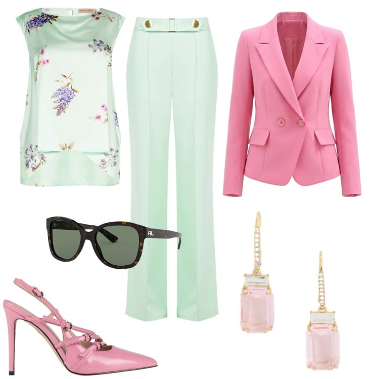 Outfit donna - Rinascimento chic. Stile Chic per Cerimonia. Abbinamento con décolleté, top, pantaloni, blazer, occhiali da sole, orecchini.