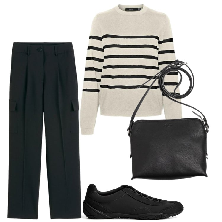 Outfit mujer - Casual look. Estilo Casual para Todos los días. Combinación con pantalones cargo, sneakers, prendas de punto, bolsos saco.