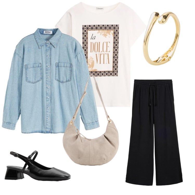 Outfit donna - La Dolce Vita. Stile Casual chic per Tutti i giorni. Abbinamento con camicie, borse a tracolla, braccialetti, t-shirt, décolleté, pantaloni a palazzo.